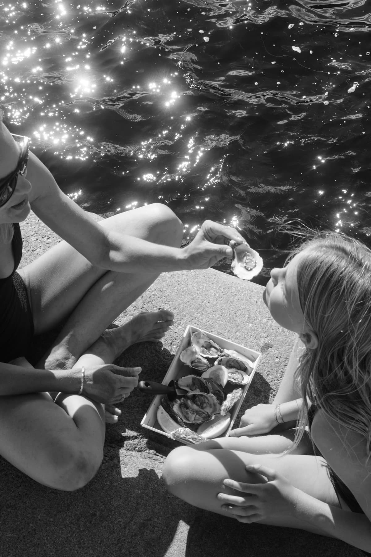 Seaside picnic from above, black and white